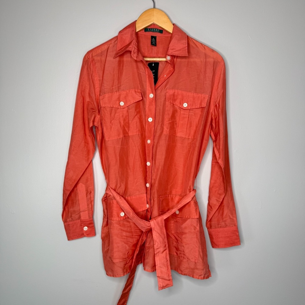Lauren Ralph Lauren M Coral Silk Cotton Safari Shirt Jacket Belted NWT - Picture 2 of 9